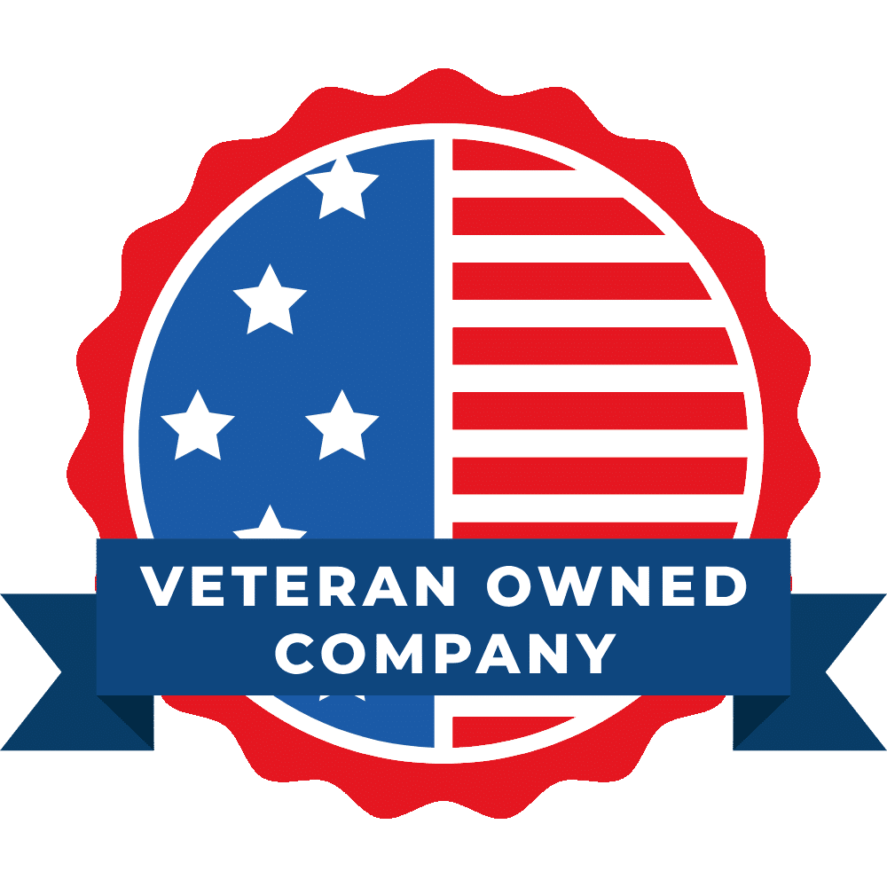 This is a circular emblem with a red and blue design, resembling an American flag motif, with a banner stating "VETERAN OWNED COMPANY" across it.